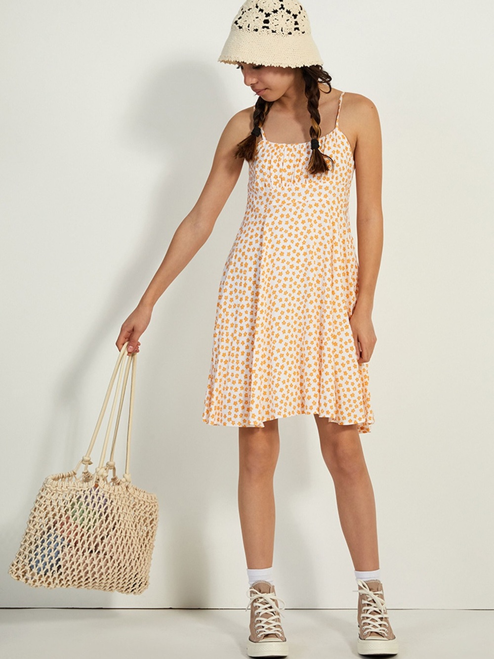 Girls Orange Floral Spaghetti Strap Maxi Dress